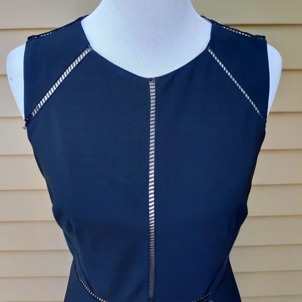 Alex Marie A-Line Dress Dark Blue Navy Ladder Trim Accents Sleeveless Classic